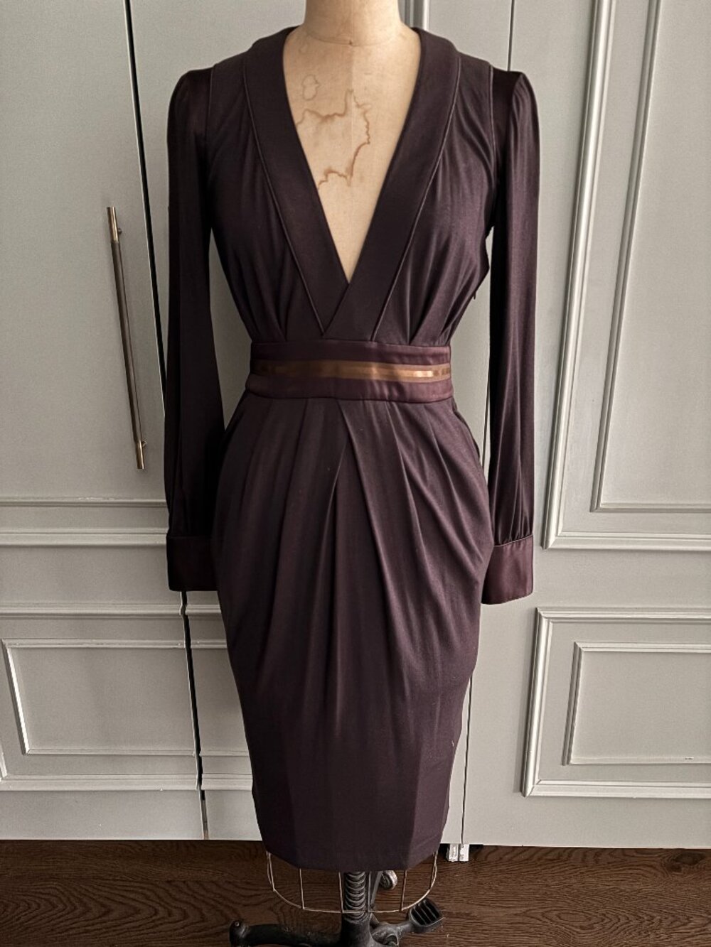 Just Cavalli Vintage Chocolate Espresso Draped Plunging Midi Dress IT 40 / US 4